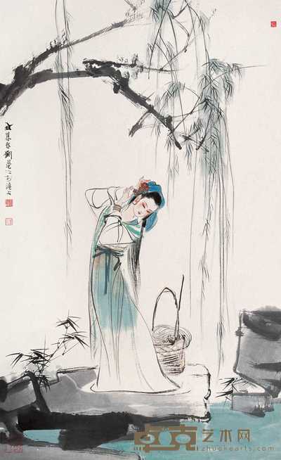 刘旦宅 1985年作 柳荫仕女 镜心 96×60cm